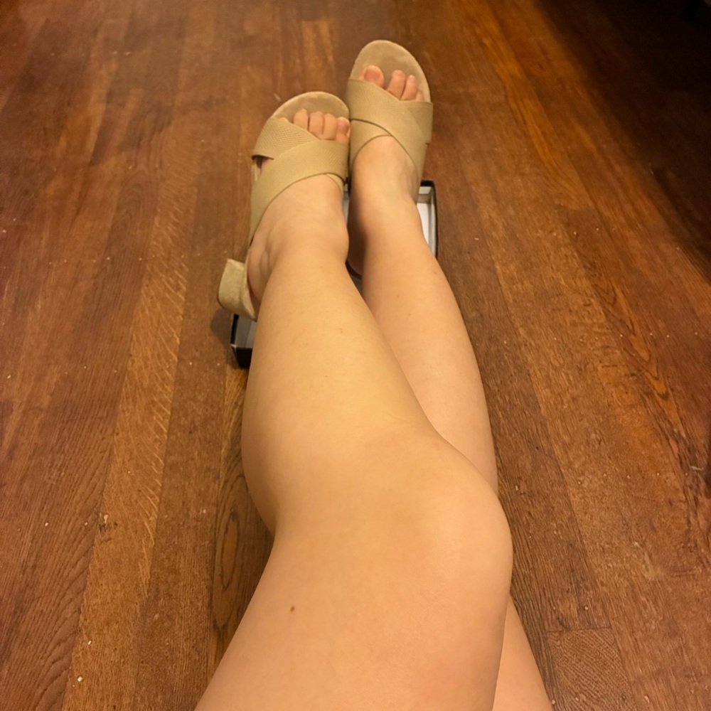 Tan criss-cross sandal block heels